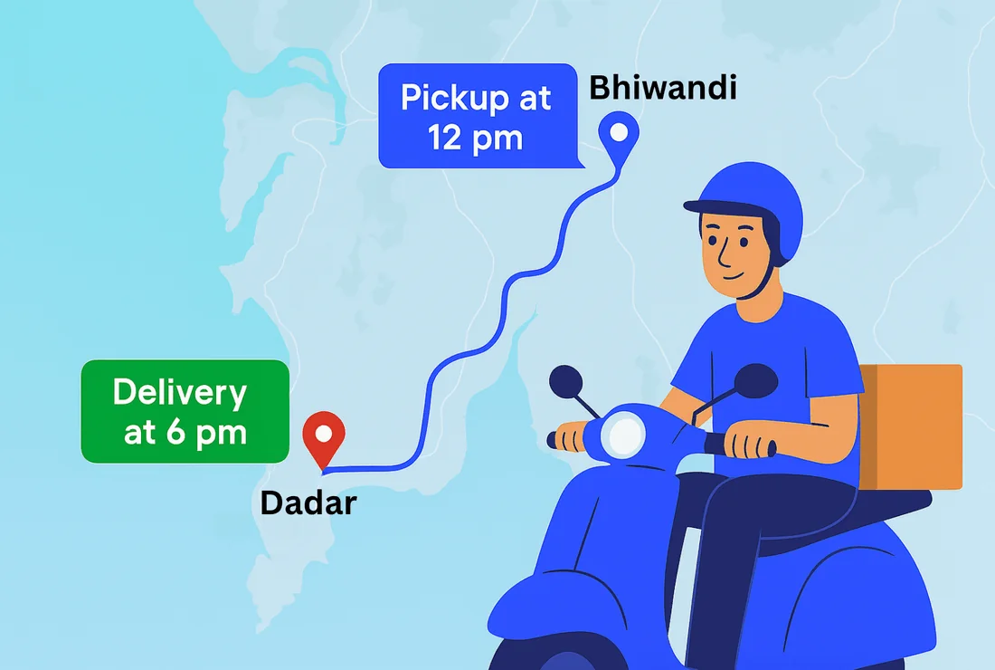 Illustration of a parcel picked up and delivered to the buyer within hours on the same day